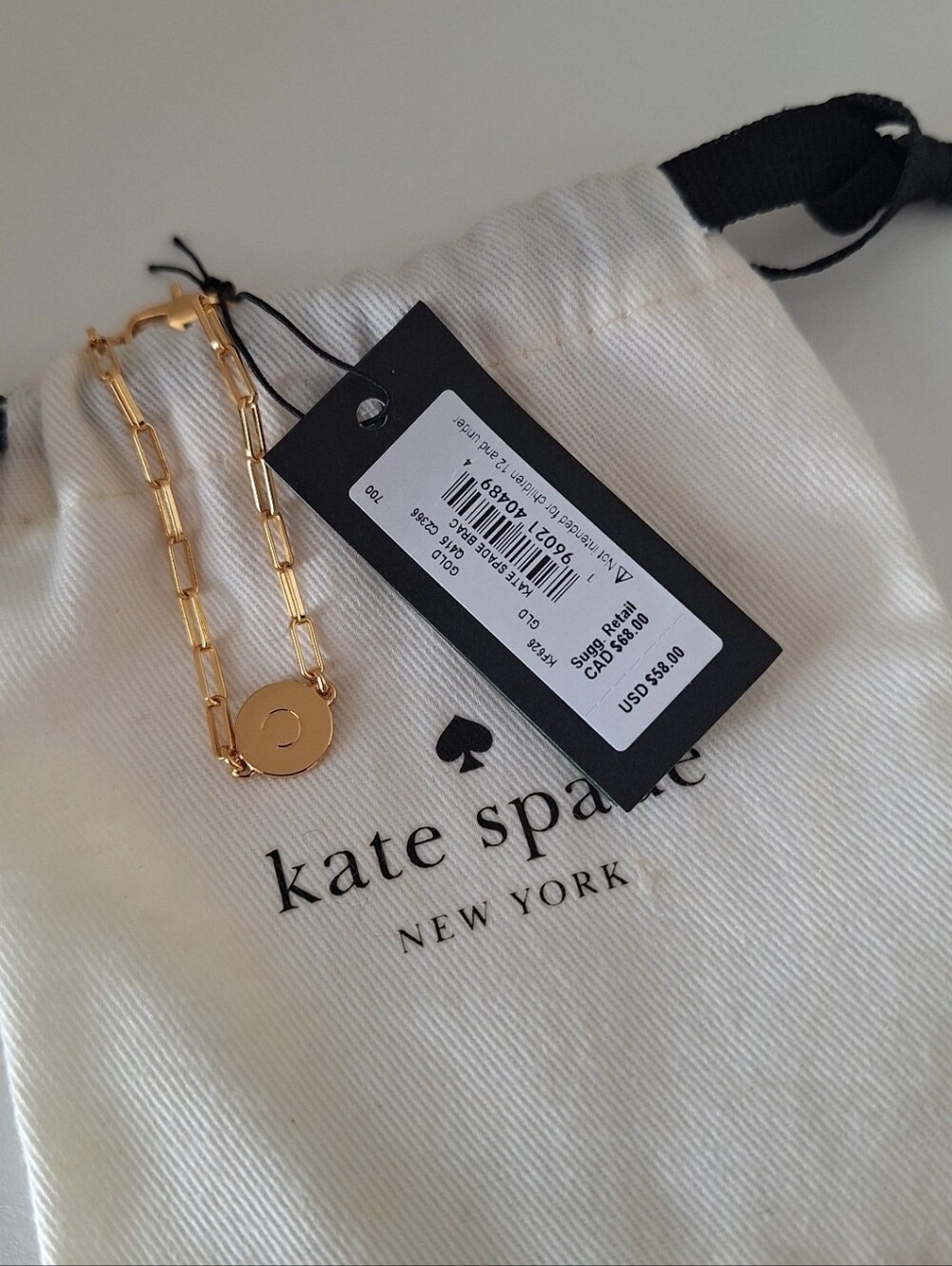 Kate Spade Gold Paperclip Chain "C"  Bracelet w/ Branded Dustbag NWT - Picture 3 of 3